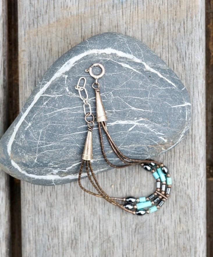 Multi-Strand Turquoise Bead Bracelet | Copper Brass Southwestern Boho | Vintage Statement Jewelry