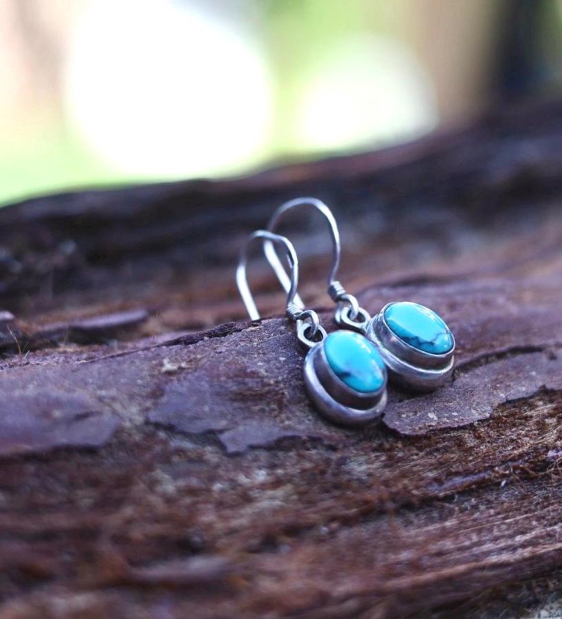 Cabochon Turquoise Hook Dangle Earrings | 925 Sterling Silver | Southwest  | Oval | Boho Vintage