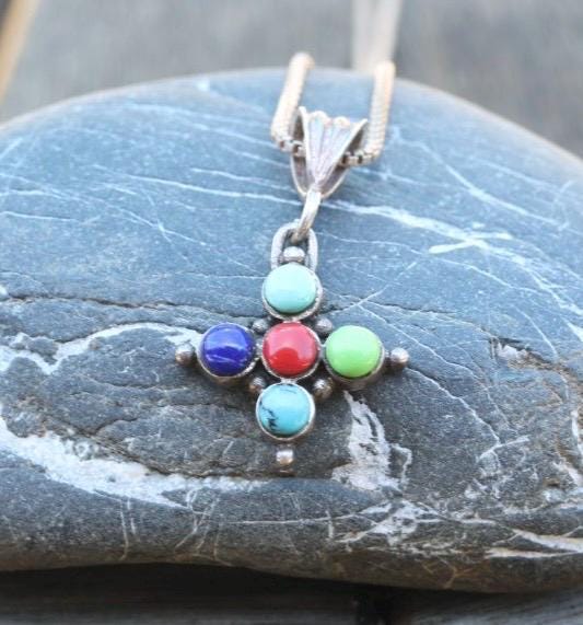 Multi Stone Necklace | Turquoise Coral Lapis Pendant | 925 Southwest Box Chain | Sterling Silver