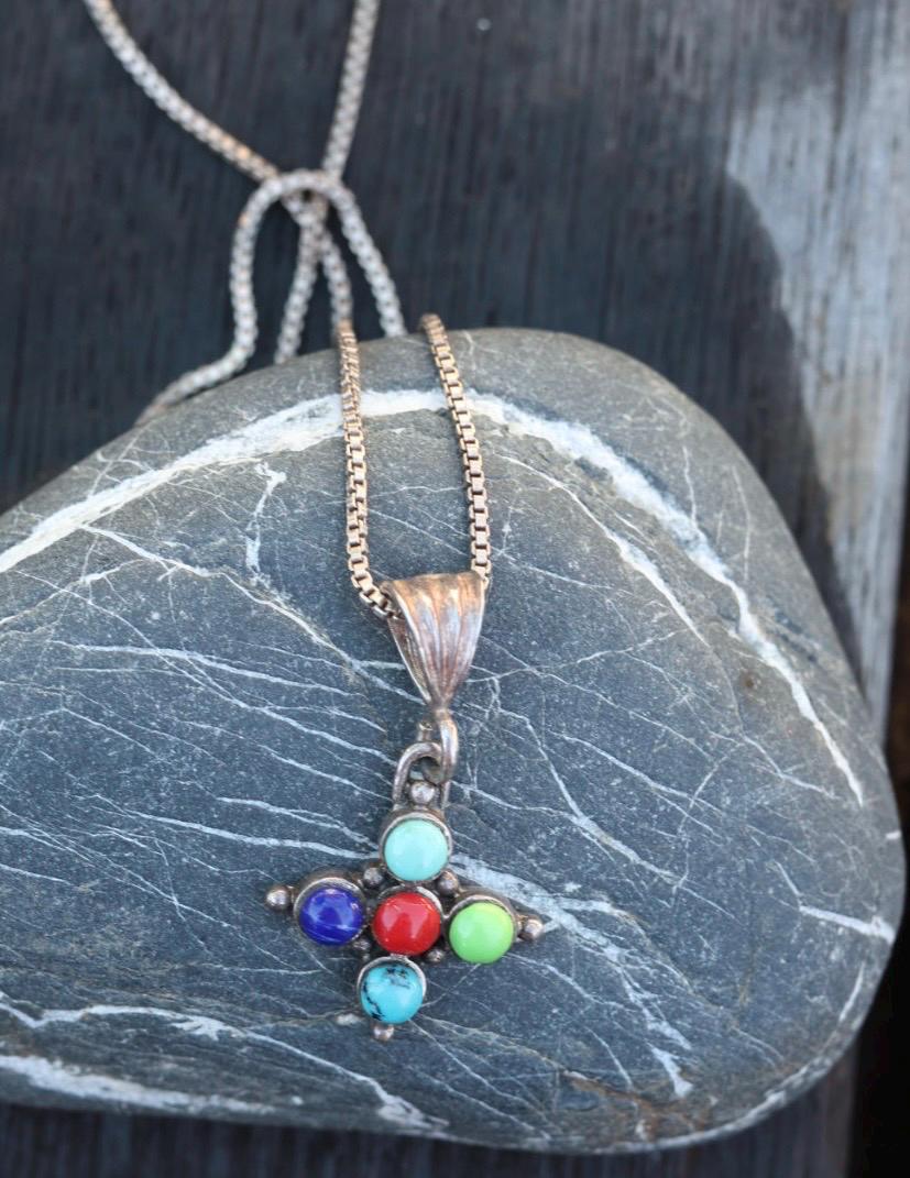 Multi Stone Necklace | Turquoise Coral Lapis Pendant | 925 Southwest Box Chain | Sterling Silver