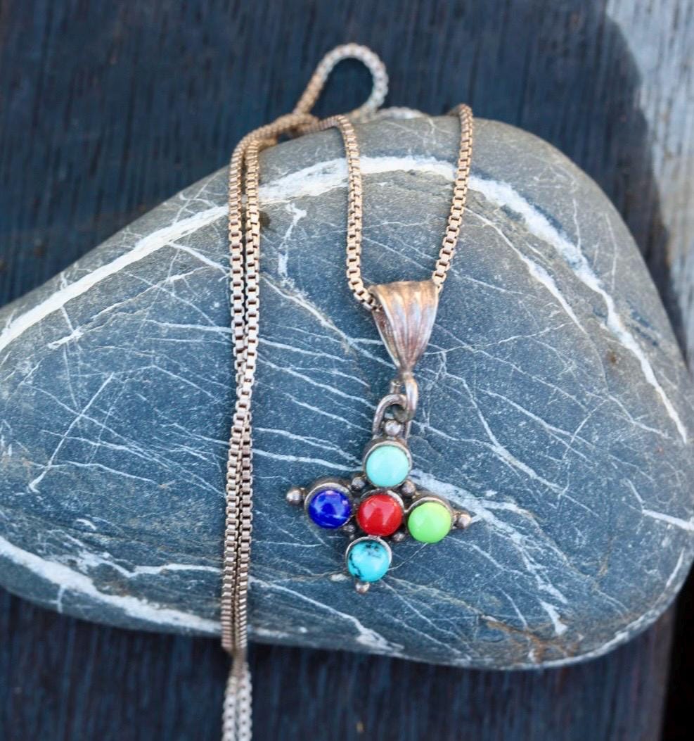 Multi Stone Necklace | Turquoise Coral Lapis Pendant | 925 Southwest Box Chain | Sterling Silver