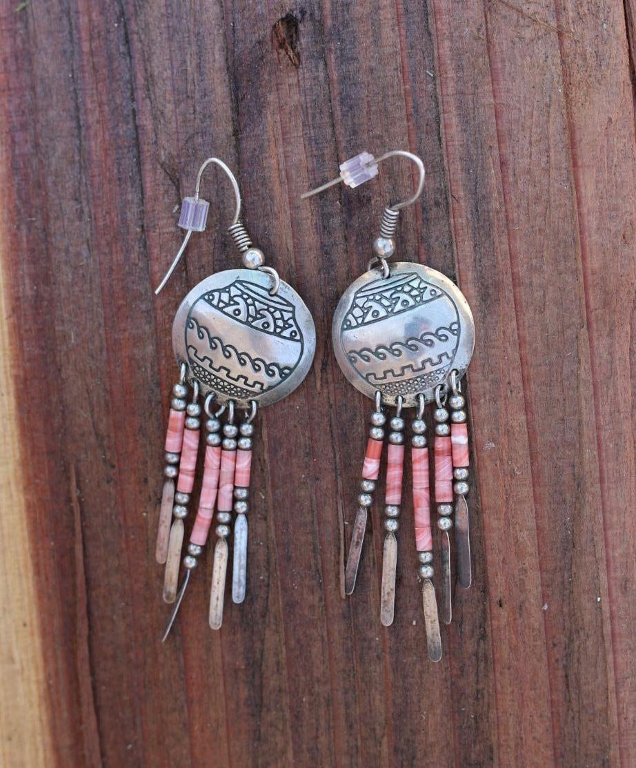Pottery Dangle Earrings with Coral Heishi and Silver Fringe | Vintage Sterling Silver Pueblo