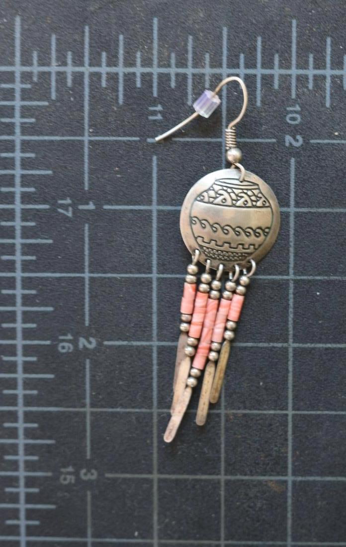 Pottery Dangle Earrings with Coral Heishi and Silver Fringe | Vintage Sterling Silver Pueblo