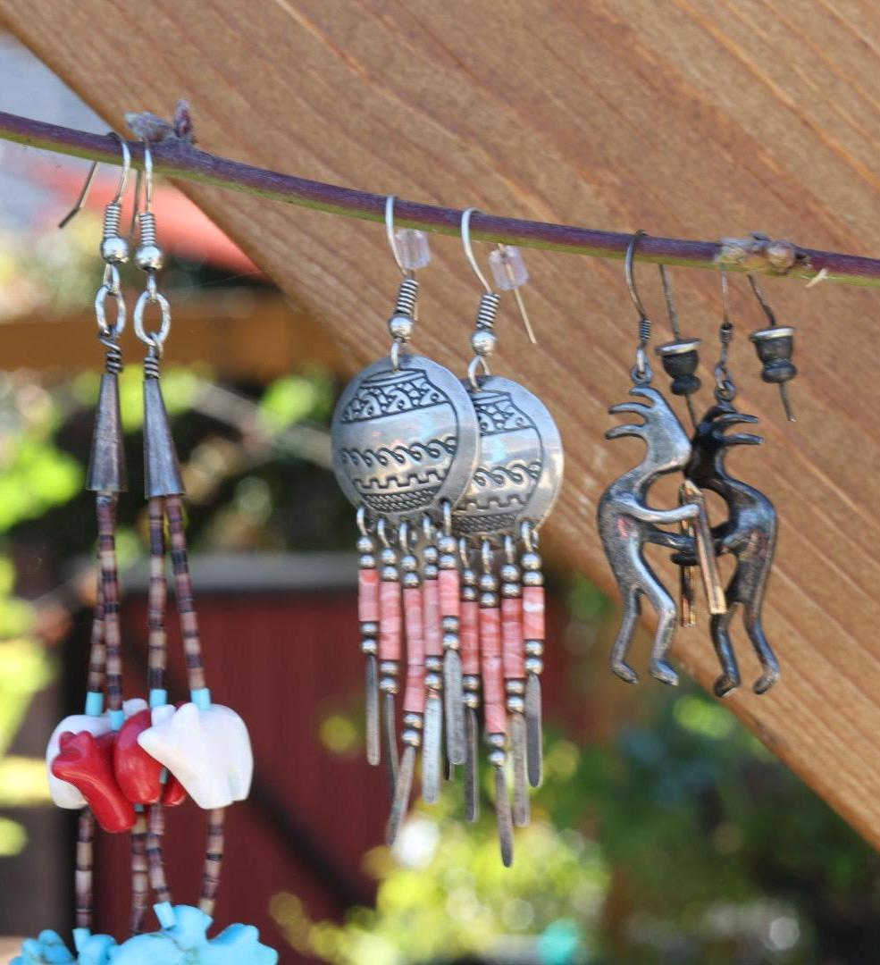 Pottery Dangle Earrings with Coral Heishi and Silver Fringe | Vintage Sterling Silver Pueblo