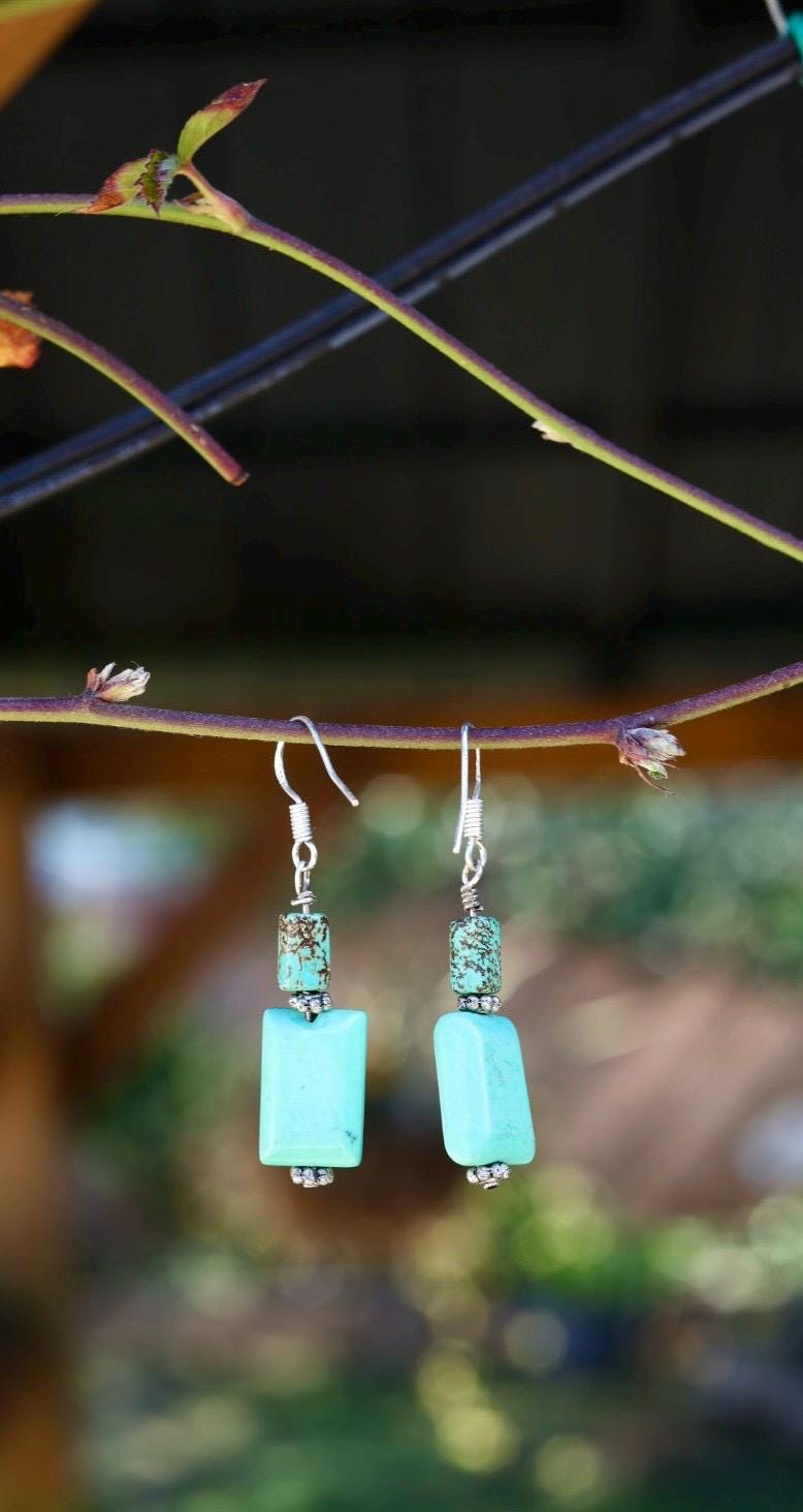 Turquoise and Green Stone Square Drop Earrings Sterling Silver