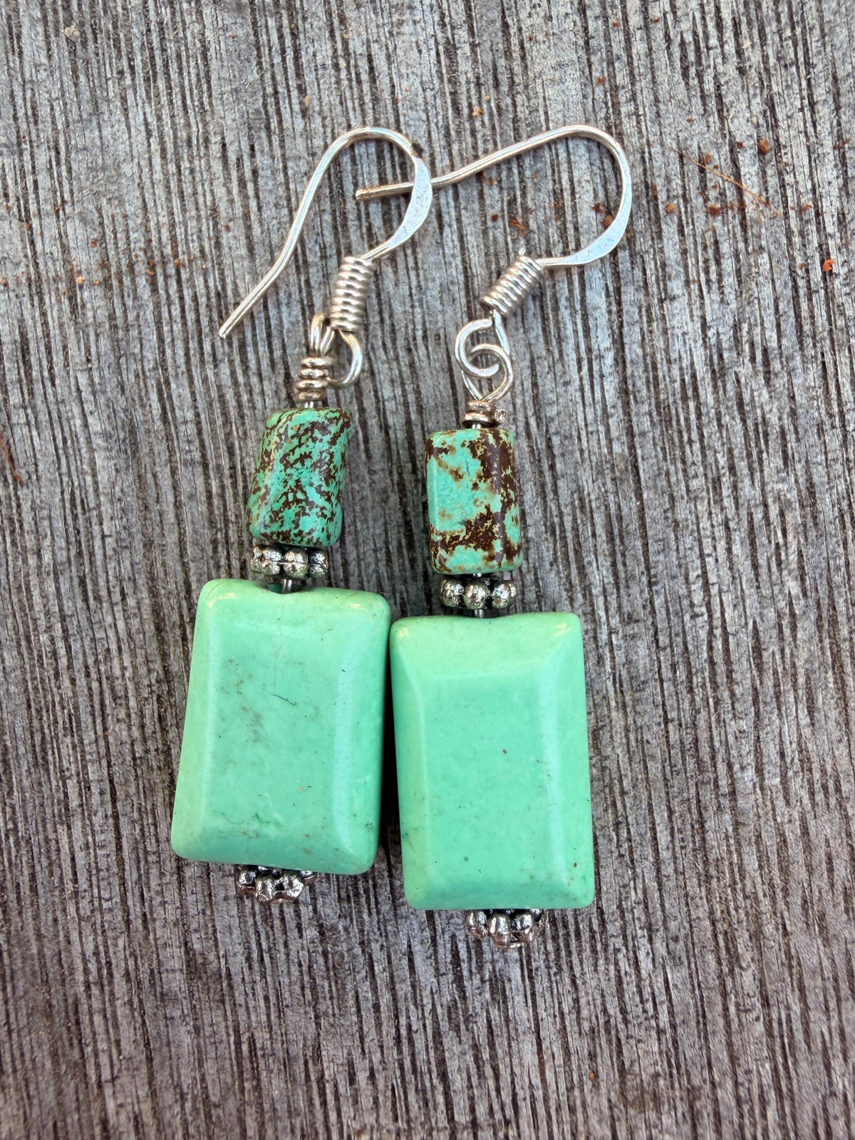 Turquoise and Green Stone Square Drop Earrings Sterling Silver