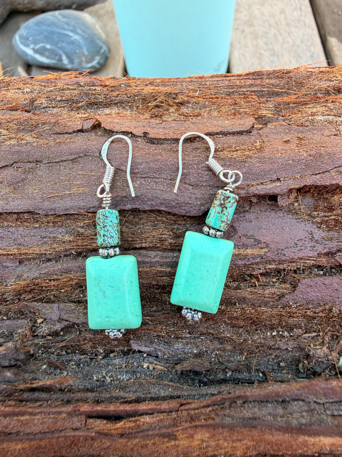 Turquoise and Green Stone Square Drop Earrings Sterling Silver