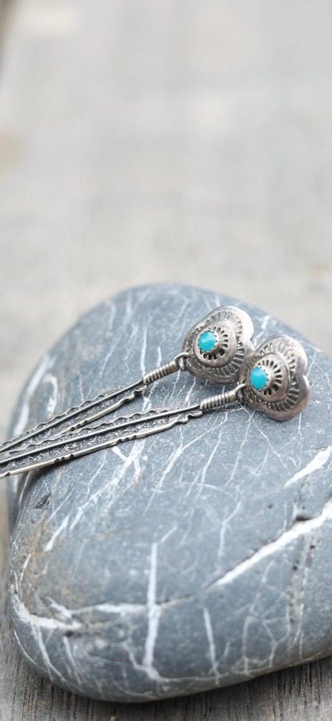 Feather Dangle Earrings | Turquoise Cabochon Concho Post | Signed M Sterling | Vintage Navajo Sterling Silver