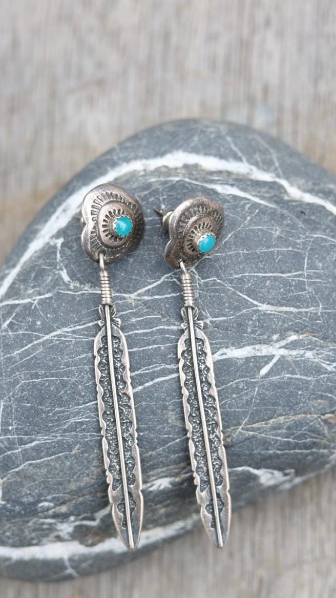 Feather Dangle Earrings | Turquoise Cabochon Concho Post | Signed M Sterling | Vintage Navajo Sterling Silver