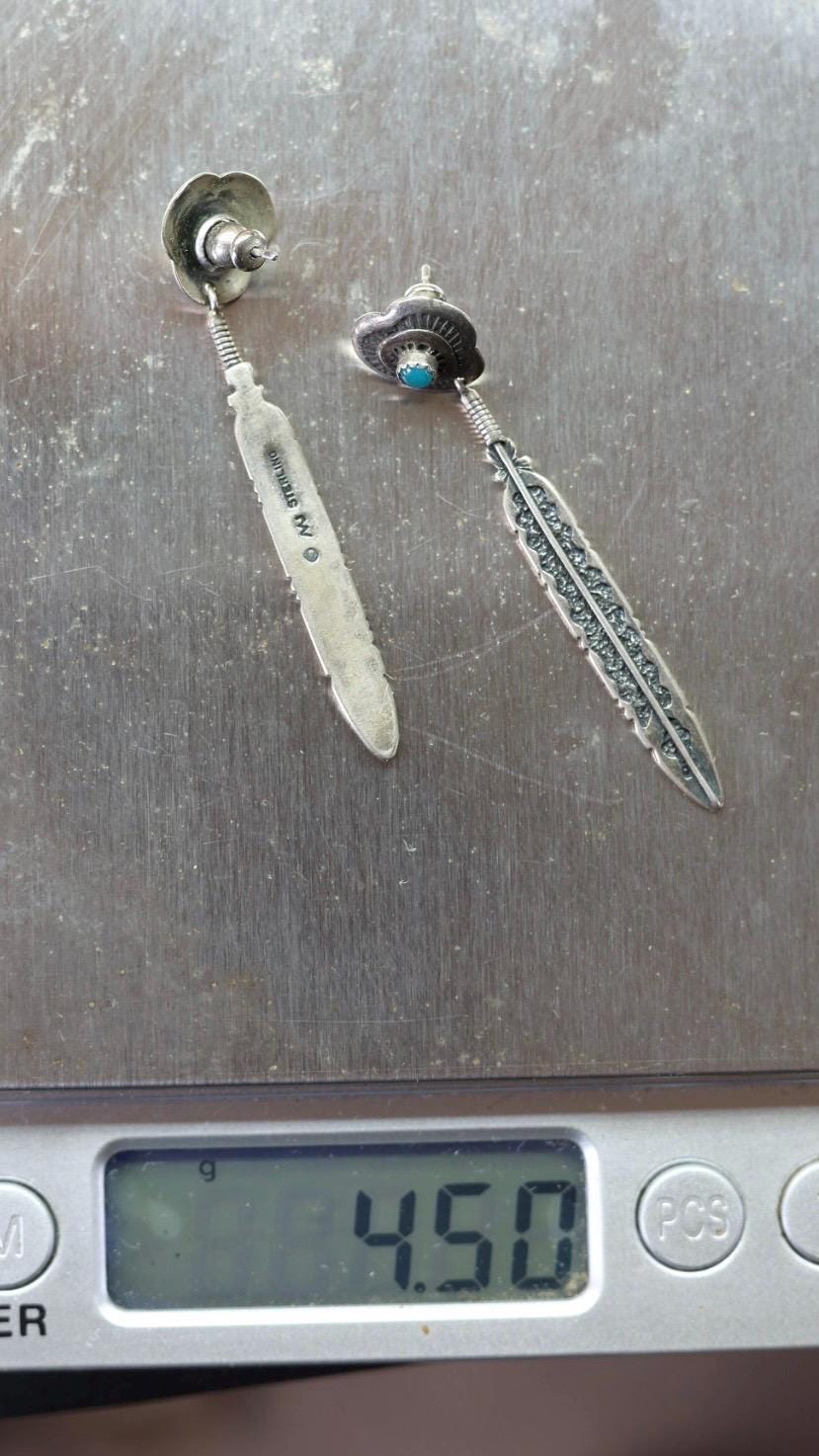 Feather Dangle Earrings | Turquoise Cabochon Concho Post | Signed M Sterling | Vintage Navajo Sterling Silver