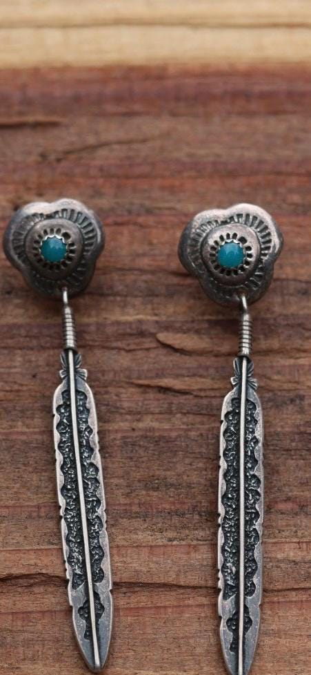 Feather Dangle Earrings | Turquoise Cabochon Concho Post | Signed M Sterling | Vintage Navajo Sterling Silver