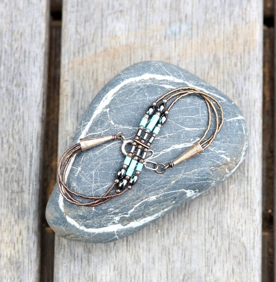 Multi-Strand Turquoise Bead Bracelet | Copper Brass Southwestern Boho | Vintage Statement Jewelry