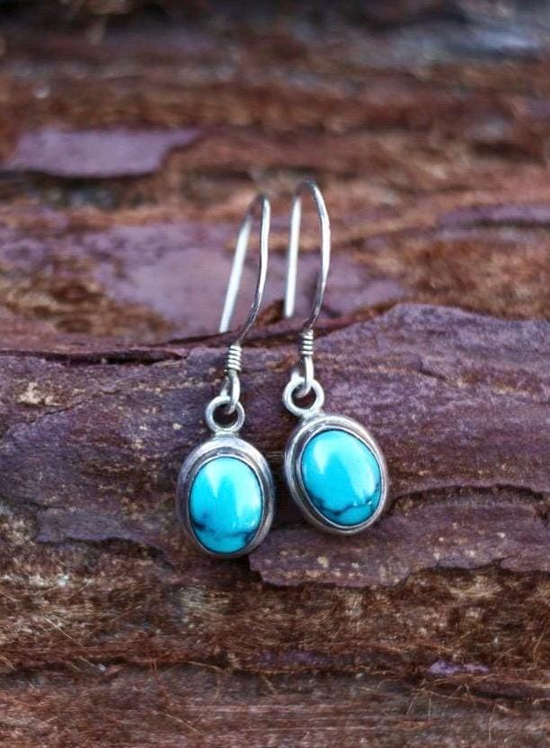 Cabochon Turquoise Hook Dangle Earrings | 925 Sterling Silver | Southwest  | Oval | Boho Vintage