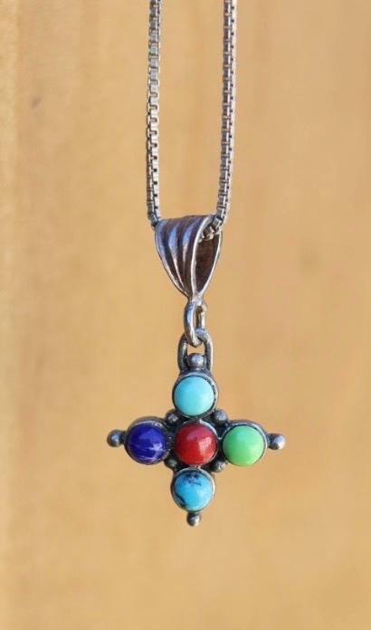 Multi Stone Necklace | Turquoise Coral Lapis Pendant | 925 Southwest Box Chain | Sterling Silver