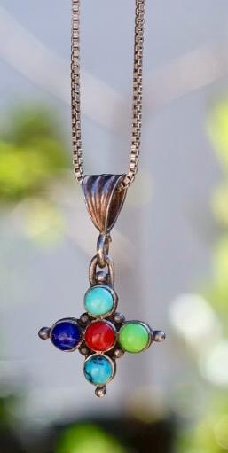 Multi Stone Necklace | Turquoise Coral Lapis Pendant | 925 Southwest Box Chain | Sterling Silver