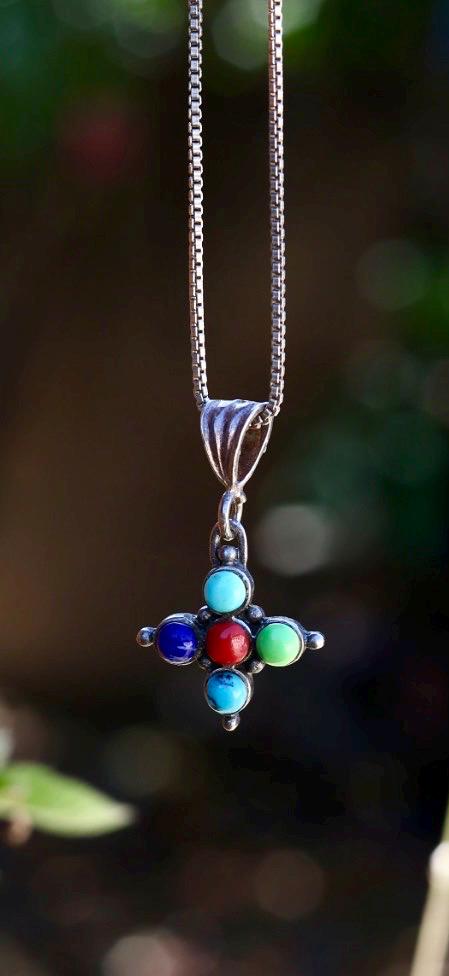 Multi Stone Necklace | Turquoise Coral Lapis Pendant | 925 Southwest Box Chain | Sterling Silver