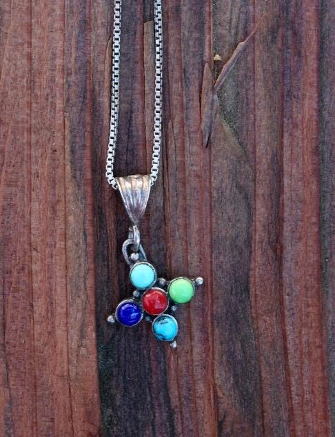 Multi Stone Necklace | Turquoise Coral Lapis Pendant | 925 Southwest Box Chain | Sterling Silver