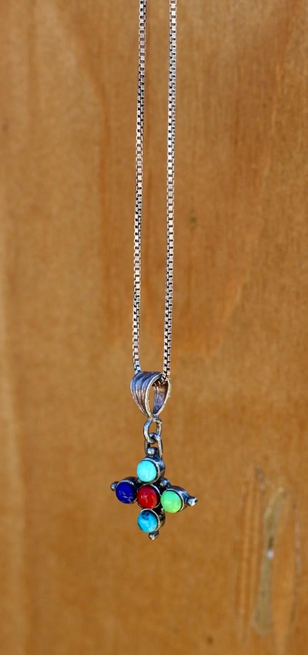 Multi Stone Necklace | Turquoise Coral Lapis Pendant | 925 Southwest Box Chain | Sterling Silver