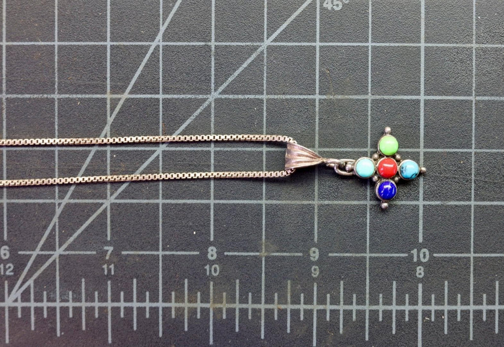 Multi Stone Necklace | Turquoise Coral Lapis Pendant | 925 Southwest Box Chain | Sterling Silver