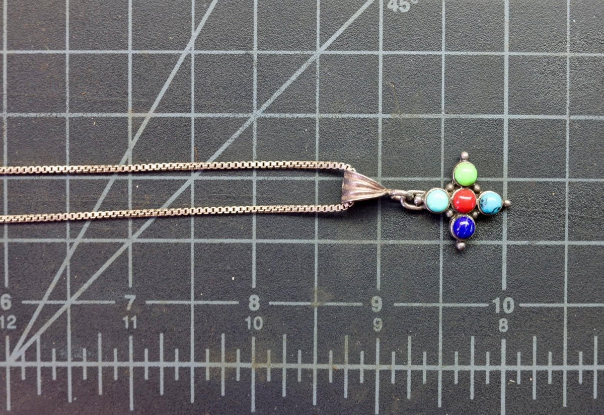 Multi Stone Necklace | Turquoise Coral Lapis Pendant | 925 Southwest Box Chain | Sterling Silver