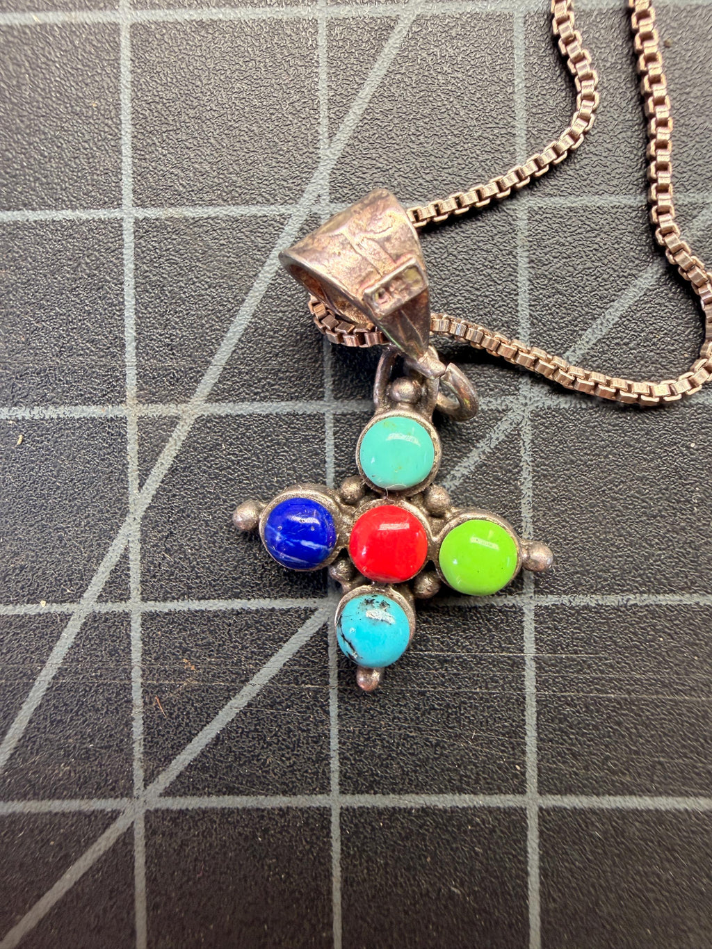 Multi Stone Necklace | Turquoise Coral Lapis Pendant | 925 Southwest Box Chain | Sterling Silver