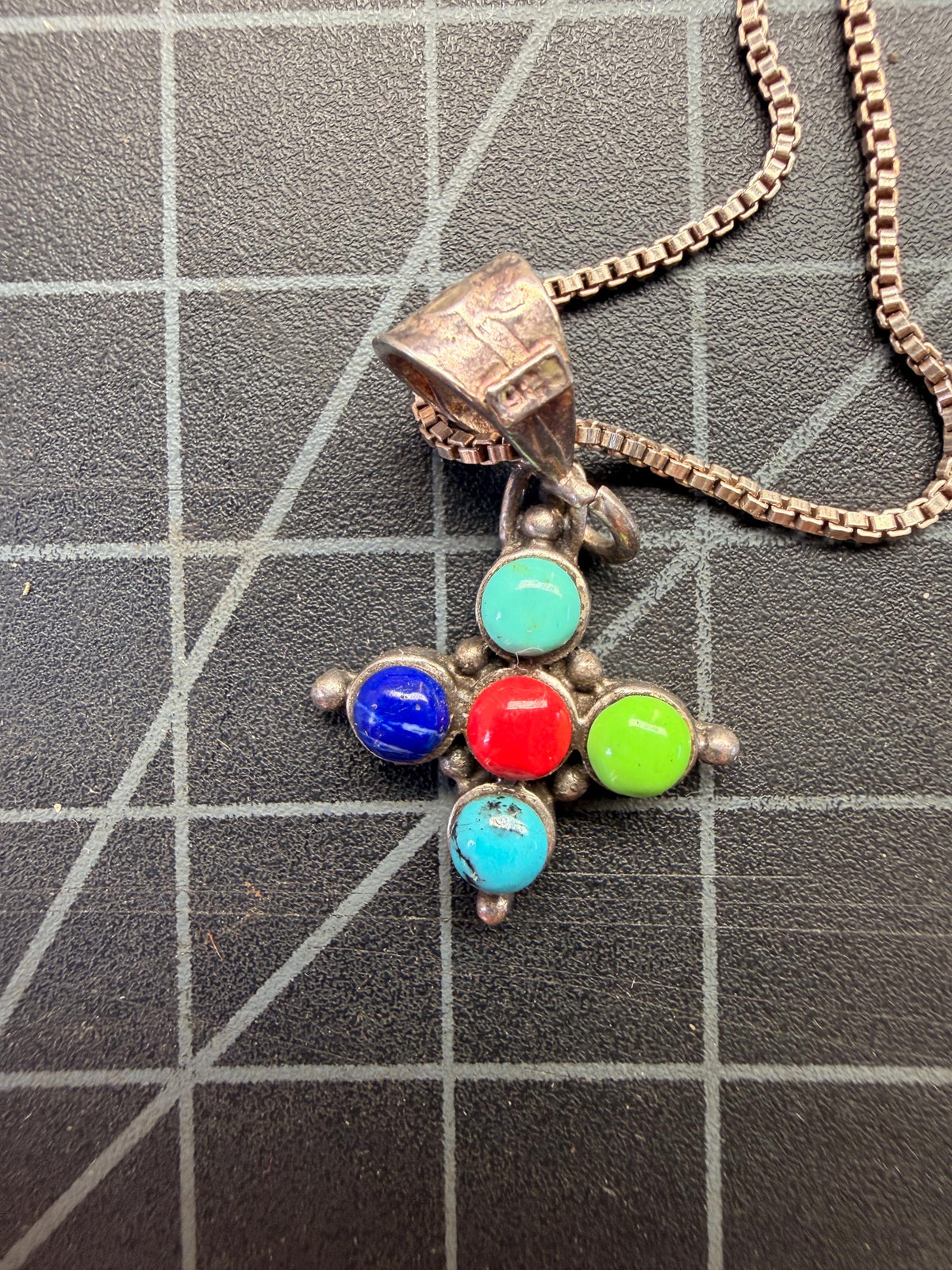 Multi Stone Necklace | Turquoise Coral Lapis Pendant | 925 Southwest Box Chain | Sterling Silver