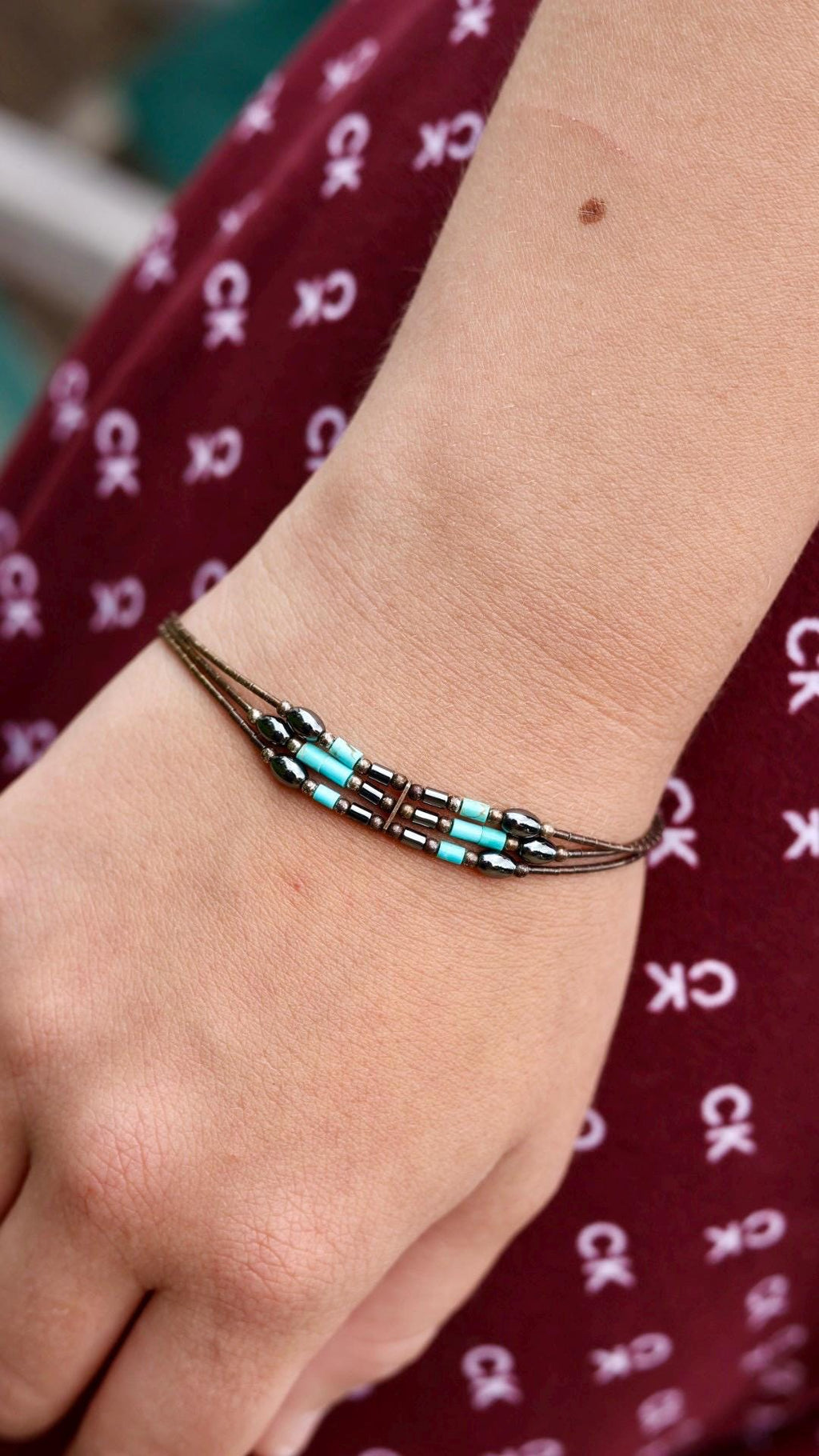 Multi-Strand Turquoise Bead Bracelet | Copper Brass Southwestern Boho | Vintage Statement Jewelry