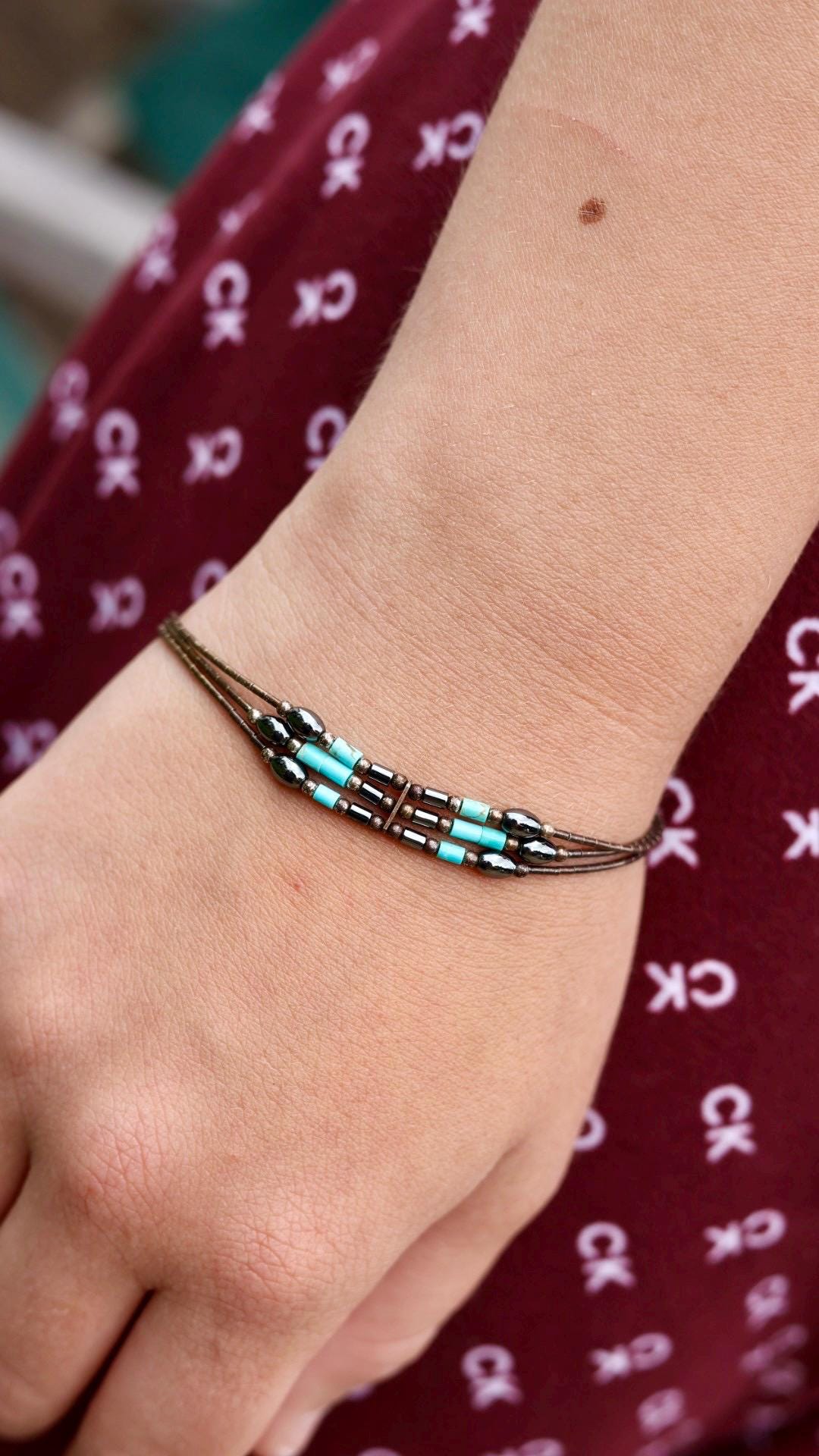 Multi-Strand Turquoise Bead Bracelet | Copper Brass Southwestern Boho | Vintage Statement Jewelry