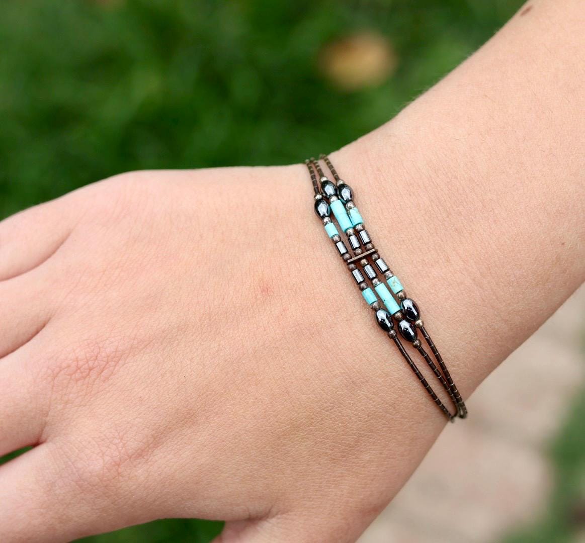Multi-Strand Turquoise Bead Bracelet | Copper Brass Southwestern Boho | Vintage Statement Jewelry
