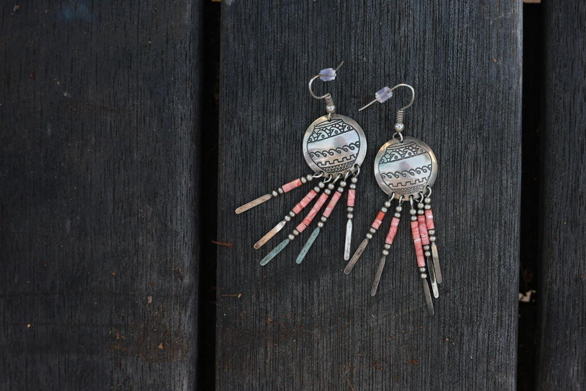Pottery Dangle Earrings with Coral Heishi and Silver Fringe | Vintage Sterling Silver Pueblo