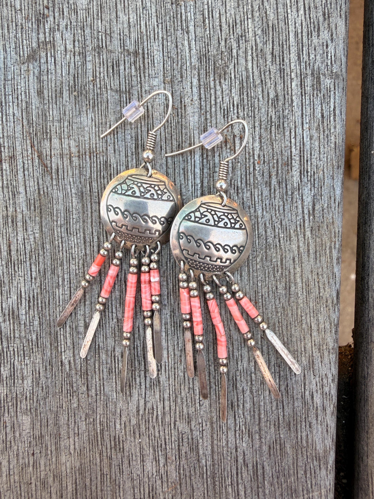 Pottery Dangle Earrings with Coral Heishi and Silver Fringe | Vintage Sterling Silver Pueblo