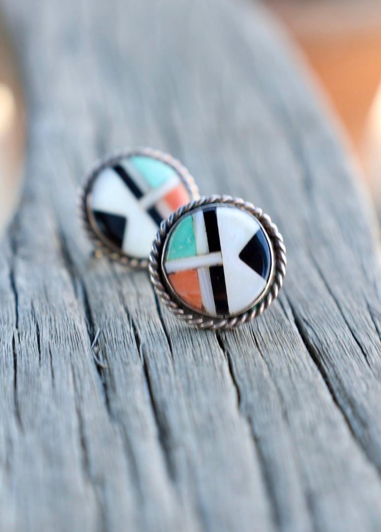 Zuni Style Multi Stone Inlay Earrings Sterling Silver Turquoise Coral Onyx
