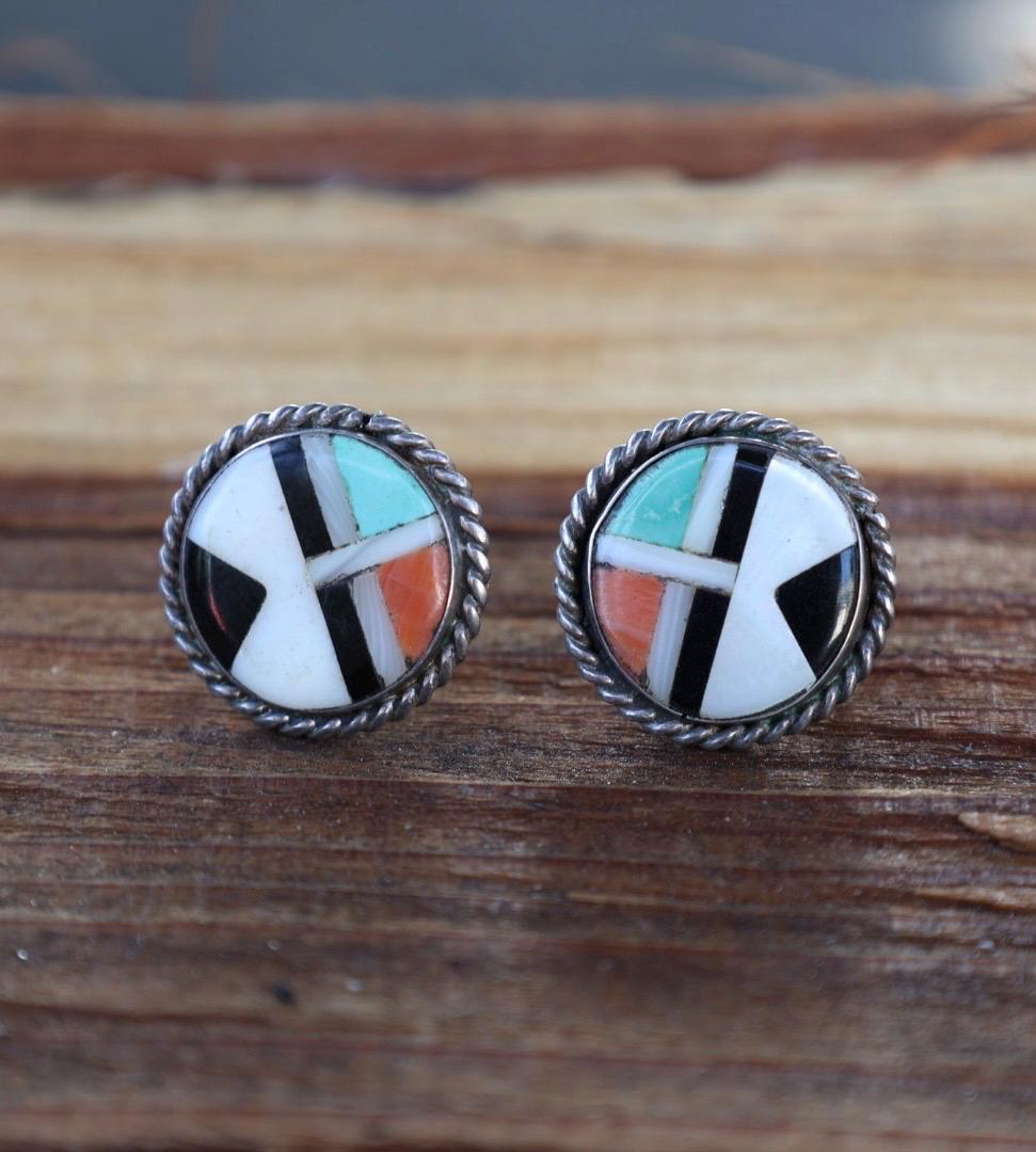 Zuni Style Multi Stone Inlay Earrings Sterling Silver Turquoise Coral Onyx