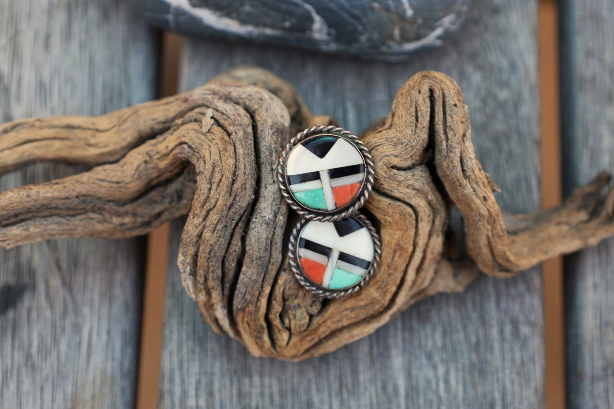 Zuni Style Multi Stone Inlay Earrings Sterling Silver Turquoise Coral Onyx