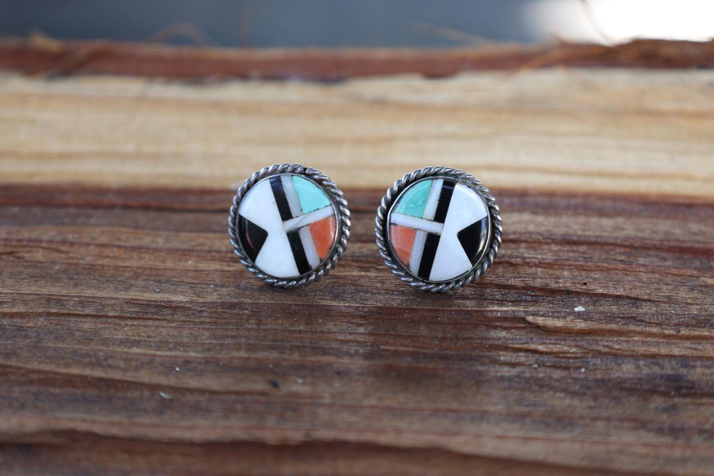 Zuni Style Multi Stone Inlay Earrings Sterling Silver Turquoise Coral Onyx