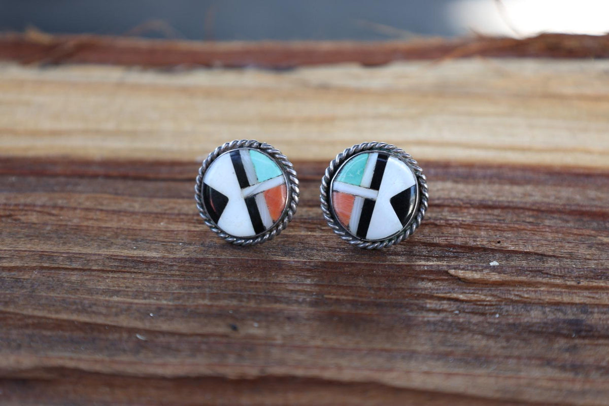 Zuni Style Multi Stone Inlay Earrings Sterling Silver Turquoise Coral Onyx