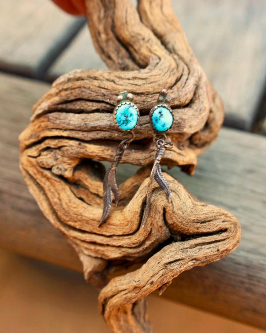 Turquoise Feather Drop Earrings Silver Southwestern Stud