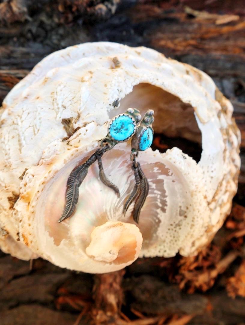 Turquoise Feather Drop Earrings Silver Southwestern Stud