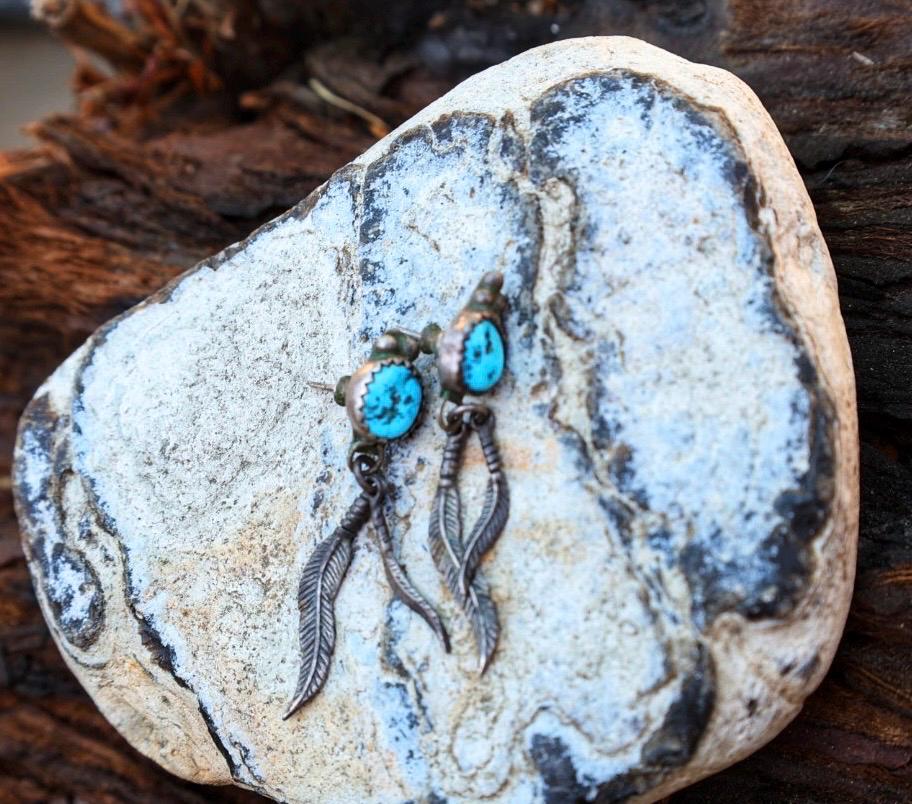 Turquoise Feather Drop Earrings Silver Southwestern Stud