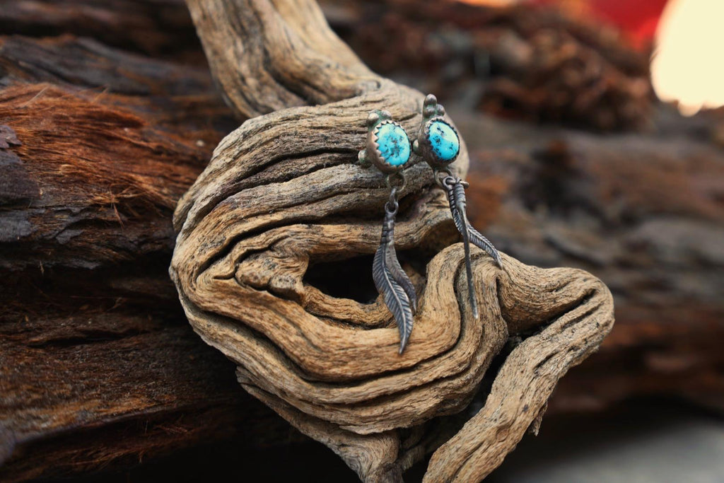 Turquoise Feather Drop Earrings Silver Southwestern Stud