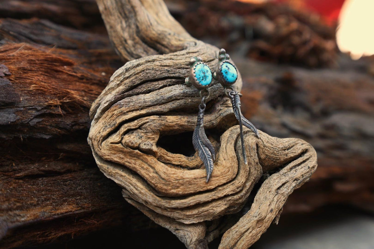 Turquoise Feather Drop Earrings Silver Southwestern Stud