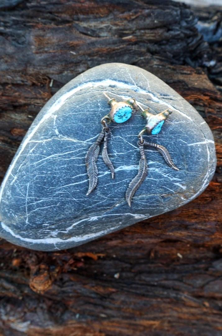 Turquoise Feather Drop Earrings Silver Southwestern Stud