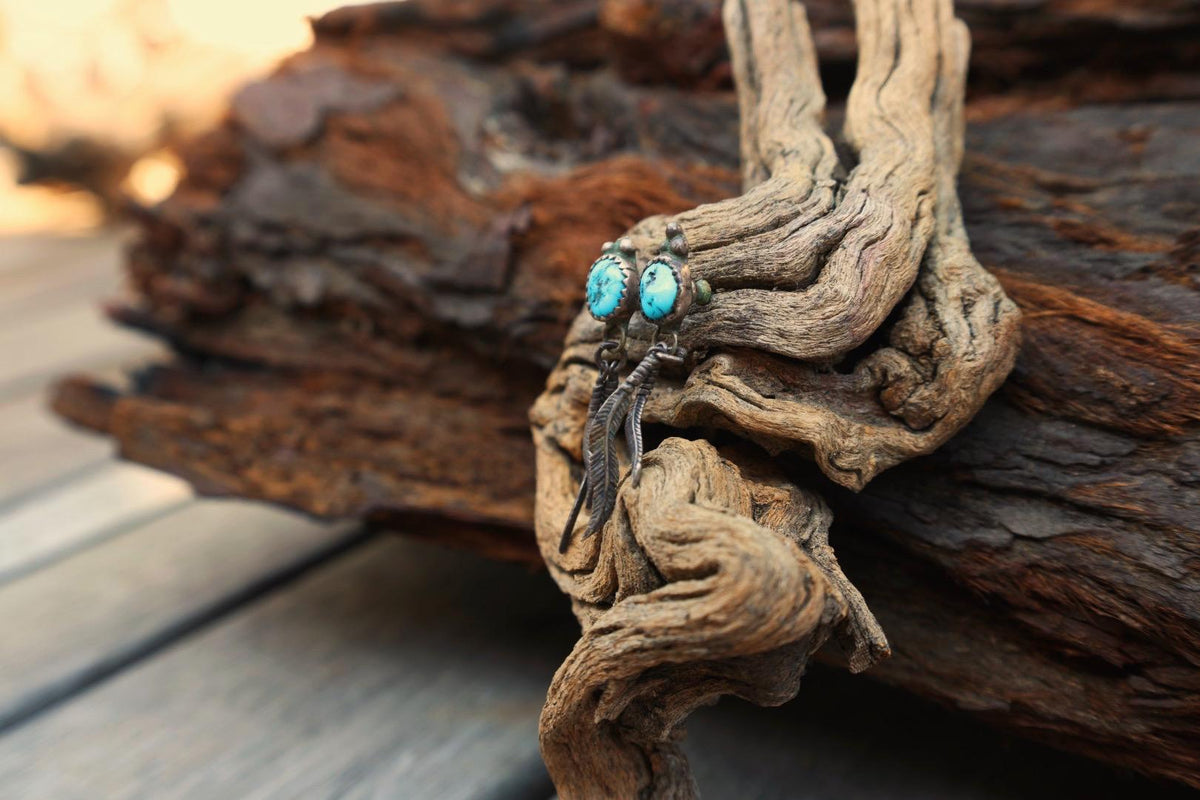 Turquoise Feather Drop Earrings Silver Southwestern Stud