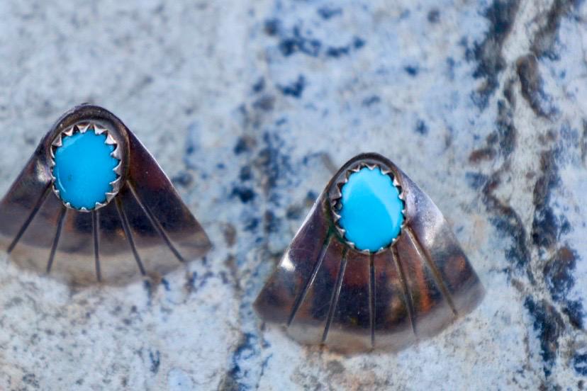 Turquoise Fan Earrings Sterling Silver Sunburst Southwestern