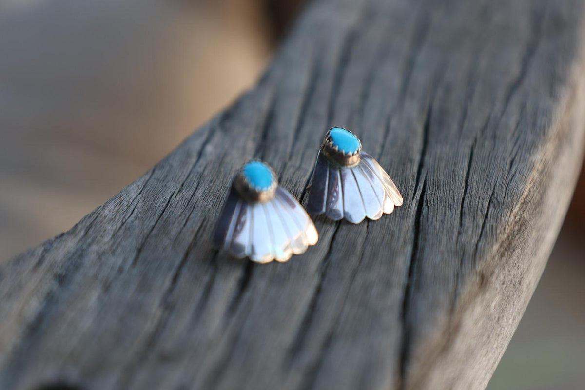 Turquoise Fan Earrings Sterling Silver Sunburst Southwestern