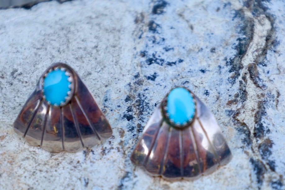 Turquoise Fan Earrings Sterling Silver Sunburst Southwestern
