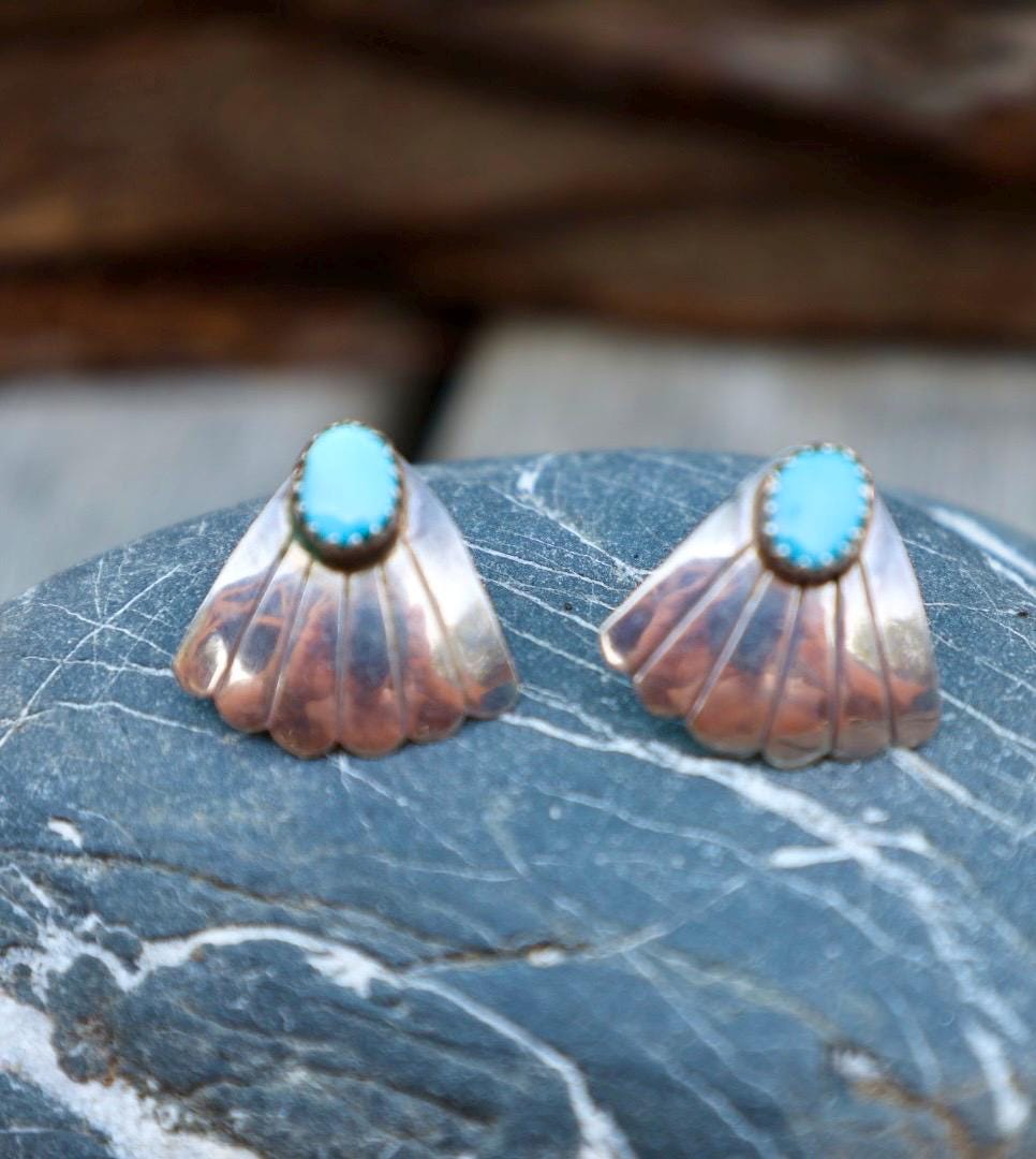 Turquoise Fan Earrings Sterling Silver Sunburst Southwestern