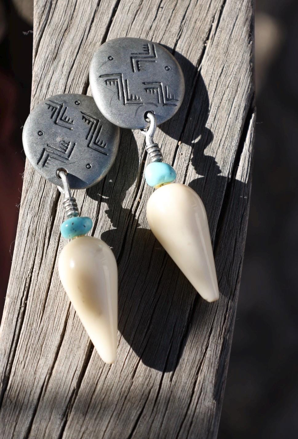 Ben-Amun Signed Southwest Etched Disc Clip-On Earrings Turquoise Bone Drop Dangle Vintage