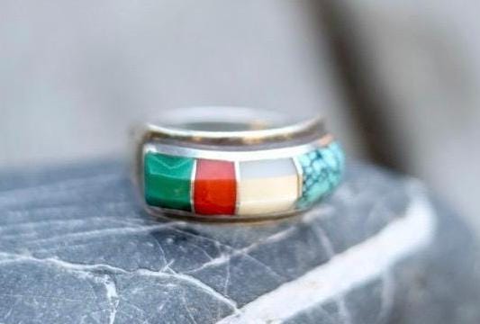 Ben Nighthorse Sterling Silver Multistone Inlay Ring, Northern Cheyenne Turquoise Coral Malachite MOP