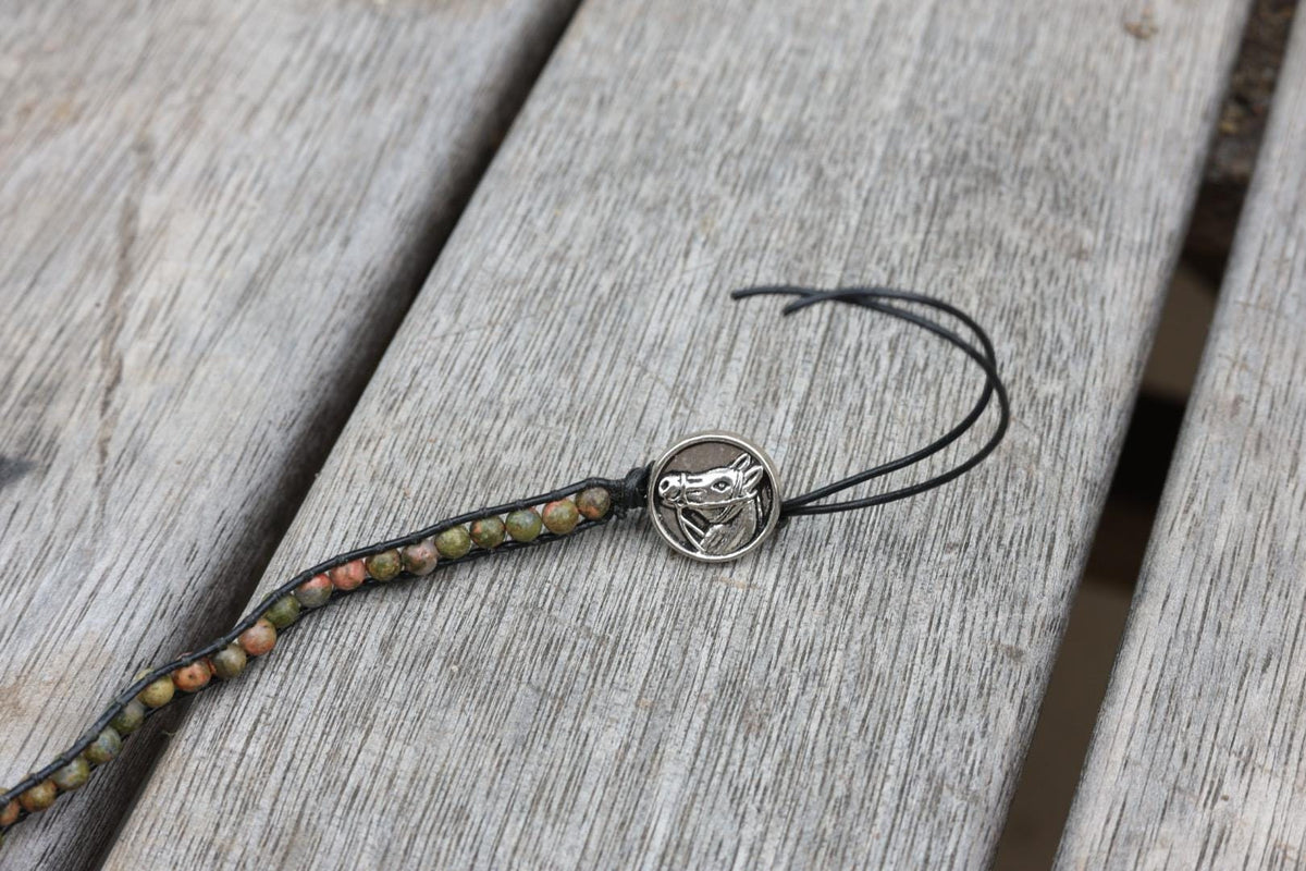 Rhodonite Bead Wrap Bracelet Sunburst Concho Southwestern